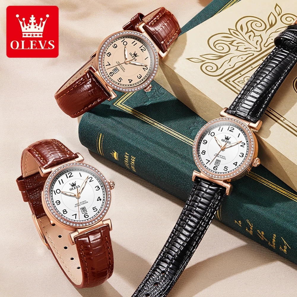 OLEVS 2025 New Fashion Womens Watches Top Brand Luxury Leather Strap Waterproof Calendar Diamond  Quartz Watch Relogio Feminino