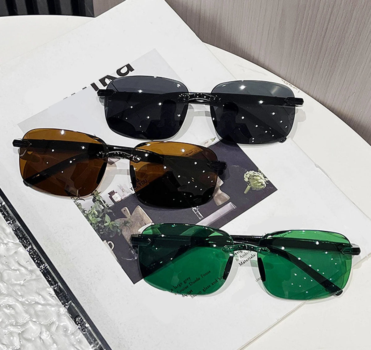 Ochelari de soare vintage, fără ramă, cu margini tăiate, ochelari de soare de designer, ochelari de soare de lux maro și verzi, UV400, pentru bărbați și femei
