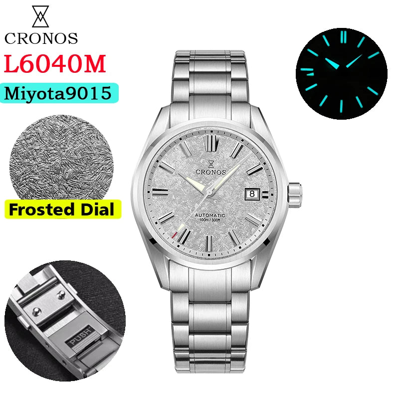 Cronos Men Watch 39mm Automatic Miyota 9015 Movement Wristwatches White Dial Birch Pattern Solid Links Sapphire 10 ATM L6040M
