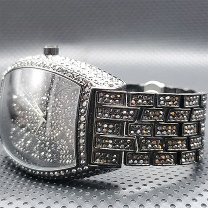 Stainless Steel Men's Watches Luxury Diamond Silver Iced Out Quartz Watch Top Brand 30M Waterproof Big Dial Tonneau Reloj Hombre