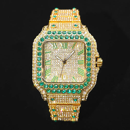 Gold Watch For Men Hip Hop Luxury Green Diamond Quartz Watches Fashion Iced Jewelry Clock Dropshipping