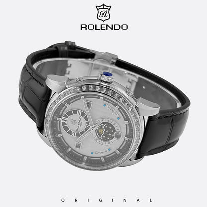 ROLENDO 1908 Men Automatic Mechanical Watch Diamond Luminous Leather Strap Waterproof Business Luxury Wristwatch For Male Gift