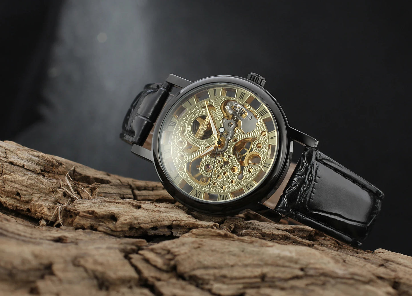 T-Winner Popular Lovers Skeleton Design Gold Watches Mechanical Hand Wind Movement PU Leather Strap Wristwatch for Men Women