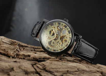 T-Winner Popular Lovers Skeleton Design Gold Watches Mechanical Hand Wind Movement PU Leather Strap Wristwatch for Men Women