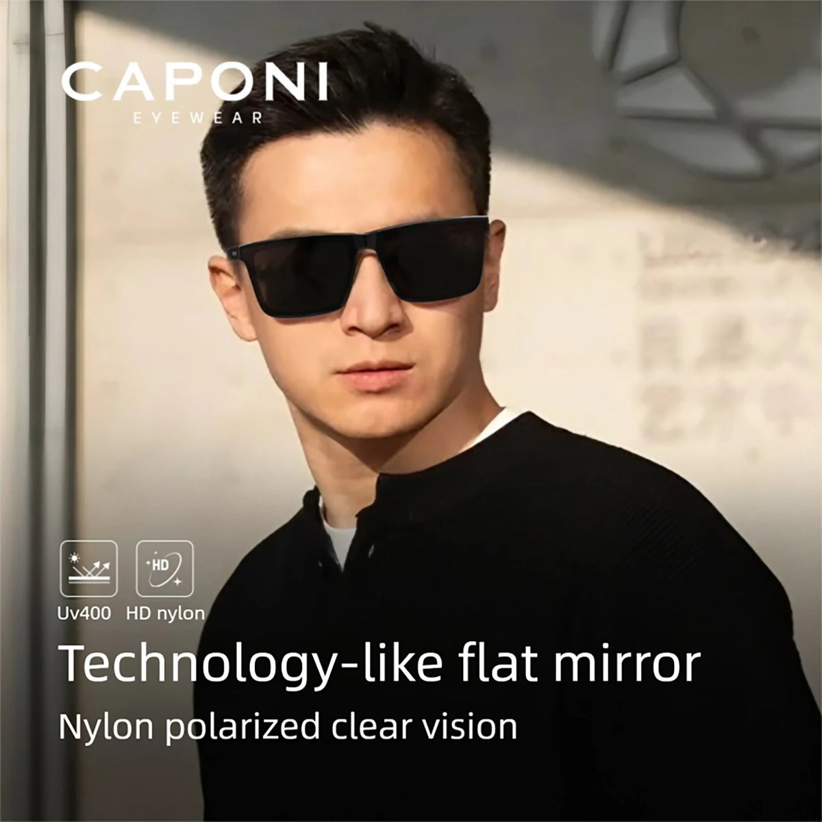 Ochelari de soare polarizați CAPONI din nailon, cu rame din acetat, design pătrat și plat, pentru bărbați, protecție UV400, lentile negre CP7499