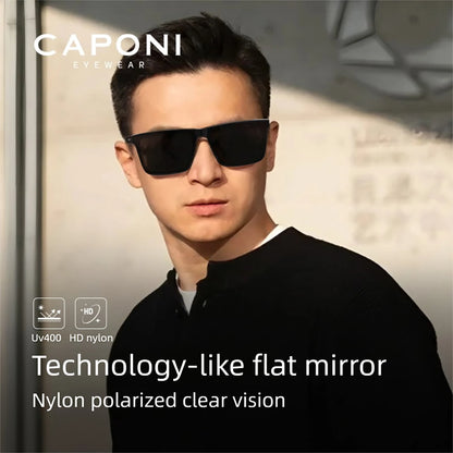 Ochelari de soare polarizați CAPONI din nailon, cu rame din acetat, design pătrat și plat, pentru bărbați, protecție UV400, lentile negre CP7499