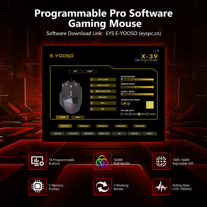 E-YOOSO X-39 Programmable Gaming Mouse, Wired RGB Mouse with 18 Buttons, 8 Removable Weights, 5 DPI, Ergonomic Grip for Computer