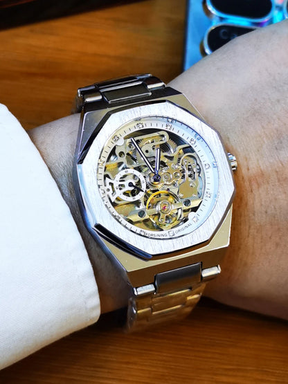 Forsining Casual Automatic Mechanical Watch for Men Luminous Hands Stainless Steel Strap Fashion Luxury Skeleton Mens Watches