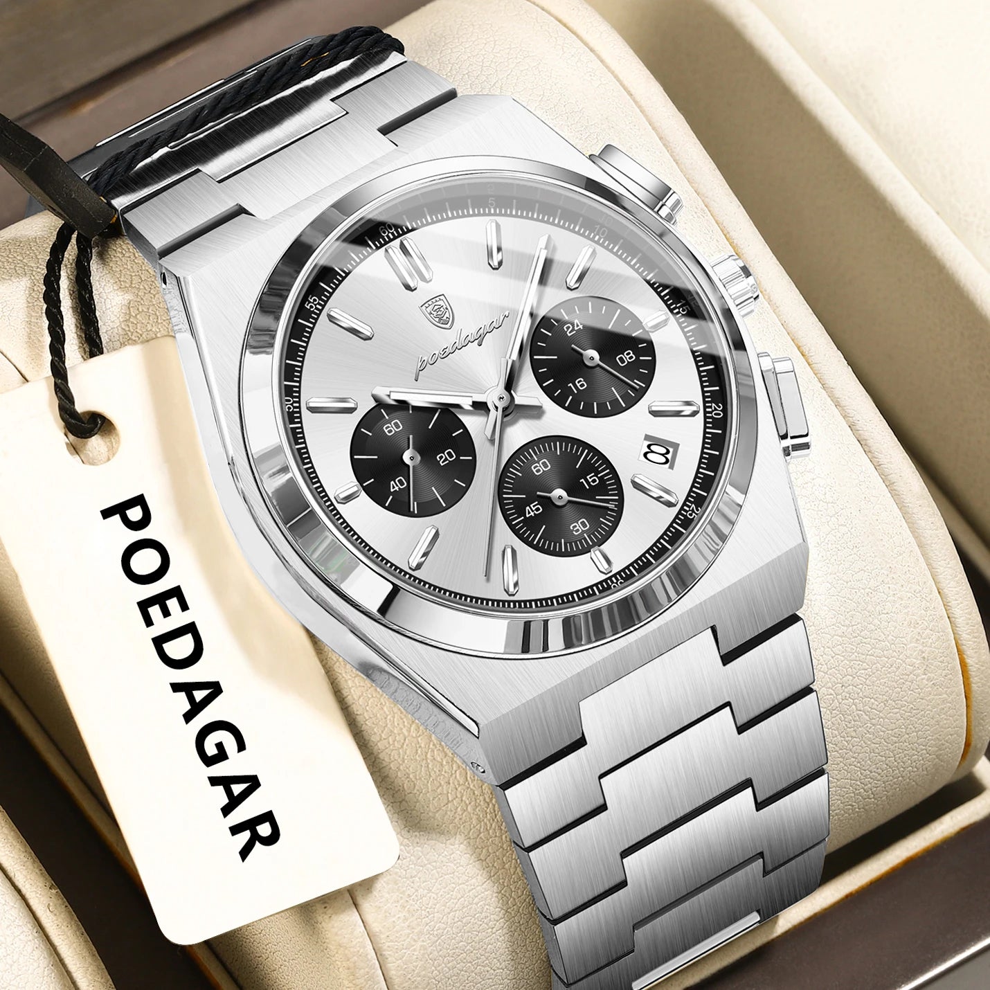 POEDAGAR Fashion Men's Wristwatch Chronograph Date Stainless Steel Quartz Man Clock Waterproof Luminous Business Watches For Men