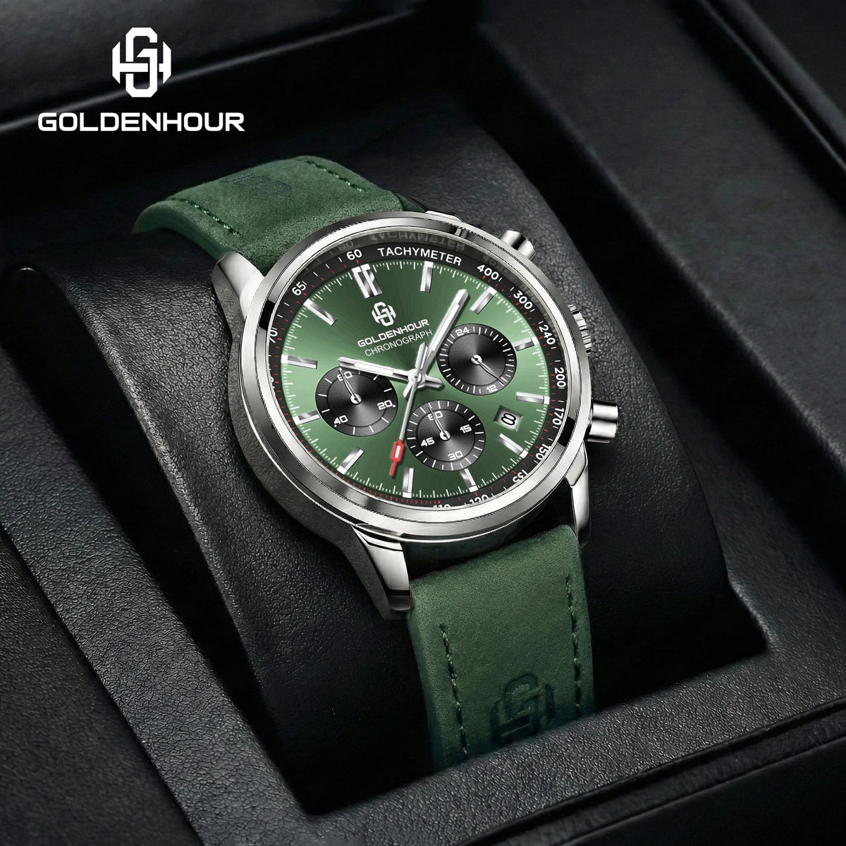 Relógio de luxo para homem GOLDENHOUR – Cronógrafo de quartzo, mostrador verde, bracelete em pele, resistente à água, luminescente, estilo militar e desportivo