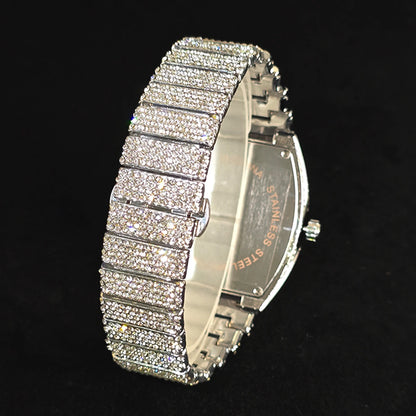 Men's Luxury Barrel-Shaped Quartz Watch With Black Iced Diamond Rainbow Number Dial Luminous Hands Watches For Man Dropshipping