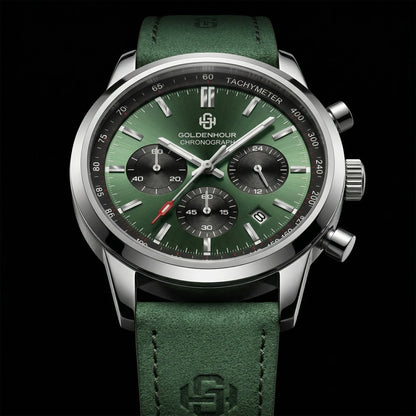 Relógio de luxo para homem GOLDENHOUR – Cronógrafo de quartzo, mostrador verde, bracelete em pele, resistente à água, luminescente, estilo militar e desportivo