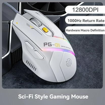 Inphic Pg1 Wired Gaming Mouse, RGB Light Emitting, Macro Programming, 12800 DPI, 6 Keys, Computer Mouse, 1000Hz Polling Rate
