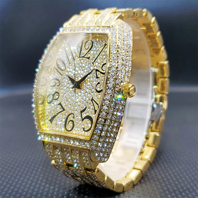 Stainless Steel Men's Watches Luxury Diamond Silver Iced Out Quartz Watch Top Brand 30M Waterproof Big Dial Tonneau Reloj Hombre