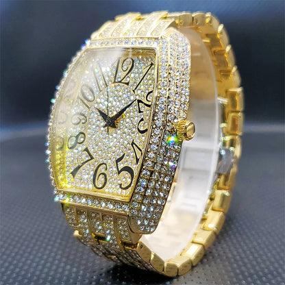 Stainless Steel Men's Watches Luxury Diamond Silver Iced Out Quartz Watch Top Brand 30M Waterproof Big Dial Tonneau Reloj Hombre