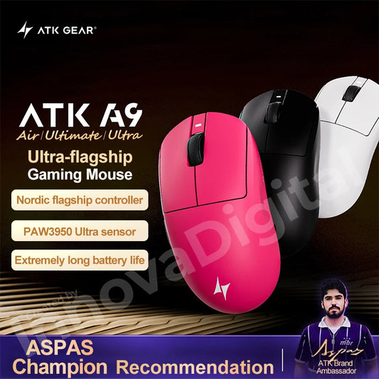 Mysz gamingowa bezprzewodowa ATK Dragonfly A9 Ultimate A9 Air PAW3950, ultralekka, ergonomiczna, e-sportowa, do FPS i CSGO, A9 Ultra