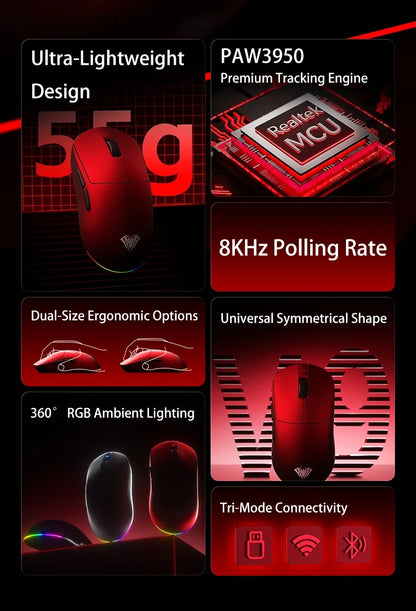 Aula V9 Ultra bezdrátová e-sportovní herní myš, duální 8k, 3 režimy, PAW 3950, 8k, 55g, lehká ergonomická myš, zakázkové příslušenství k PC