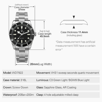 Watchdives WD7922 Quartz Watch VH31 Movement 200m Waterproof Men Watches Sapphire Crystal Luminous Vintage Watches with Gift Box