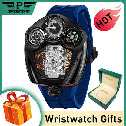 PINDU Design Engine Watches Men Top Brand Luxury Watch Compass Waterproof Quartz Wristwatch Festival Limited Watch + Gift Box
