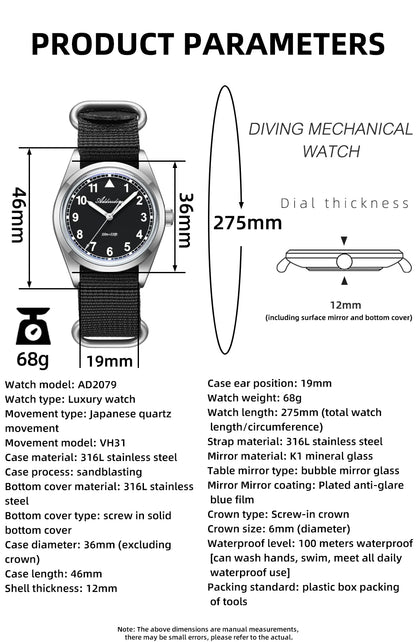 ADDIESDIVE 36mm analoge Herrenuhr mit gewölbtem Spiegelglas, 100m wasserdicht, leuchtend, schlichte Quarzuhr für Herren mit Nylonarmband