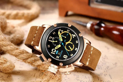 Automatic Watches for Men Mechanical Self Wind Genuine Leather Multifunction Date Boat Month Gold Bronze U Reloj Hombre Baratos