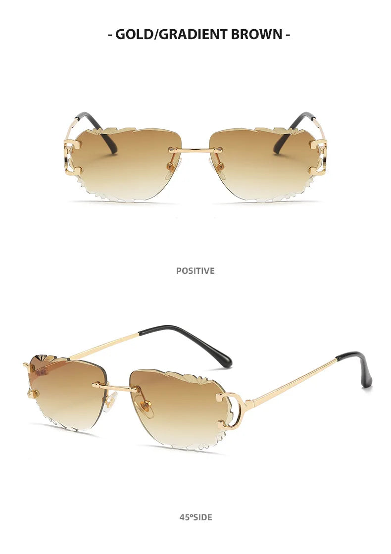 Ochelari de soare retro pentru femei, de marcă, de designer, fără ramă, ochelari de soare la modă, cu lentile tăiate neregulat, ochelari de vedere fără ramă pentru doamne