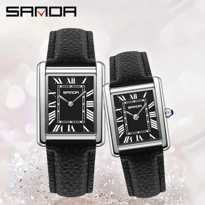 SANDA New Couple Tank Watches Wear Resistant Leather Strap Luxury Square Dial Waterproof Sports Casual Men Women Quartz Watches