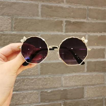 Ochelari de soare la modă pentru copii, băieți și fete, ochelari de soare anti-UV, ochelari drăguți cu fundiță pentru fetițe, ochelari în formă de scoică, ochelari cu ramă metalică