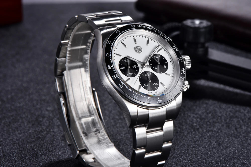 Relógios masculinos Rolls Timi Panda – Cronógrafo de quartzo, modelo de luxo, vidro de safira com tratamento antirreflexo, estanque, estilo desportivo