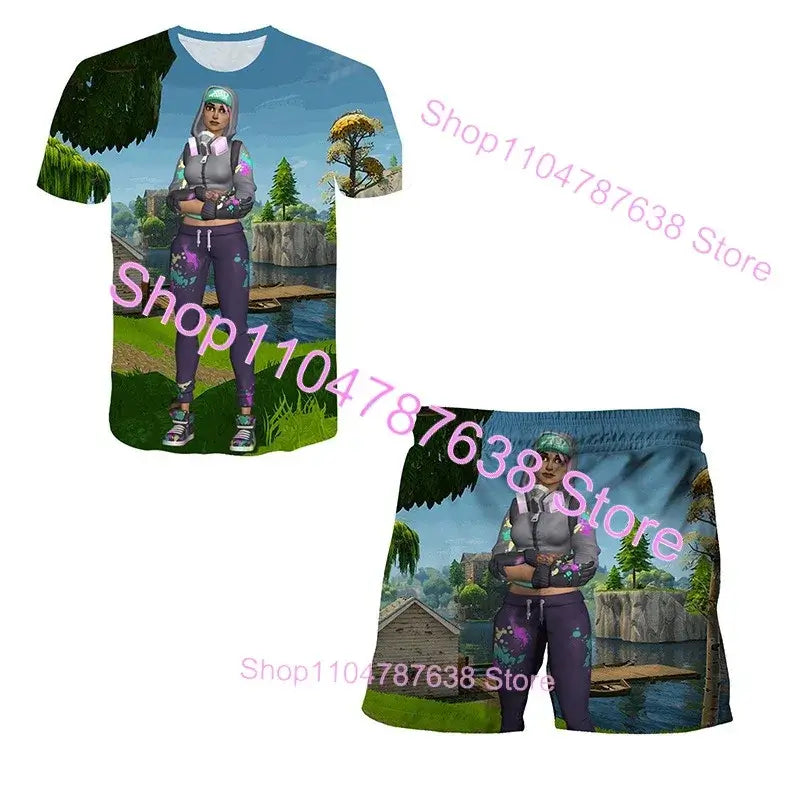 2PCS Suits F-Fortnited Victory 3D T-shirt Shorts Kids Tops Girls Boys Battle Royale Clothes Harajuku Tees Hero Children T Shirt