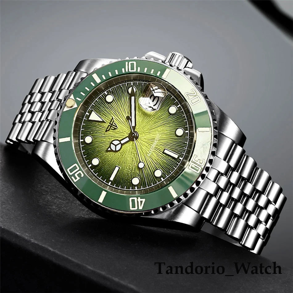 Tandorio 20ATM 40mm Men's Automatic Diver Watch For Miyota 8215 Asia 2824 Sapphire Glass Ice Blue Stainless Steel Jubilee Watch