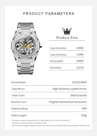 OLEVS Watches Luxury Man High Quality Original Fully Skeleton Automatic Mechanical Watch Stainless Steel Men Watches Gifts Box