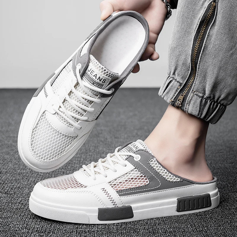 Sandales super taille 2025, nouvelles pantoufles d'été en maille perforée pour hommes, chaussures de sports et de loisirs de plein air respirantes, demi-pantoufles