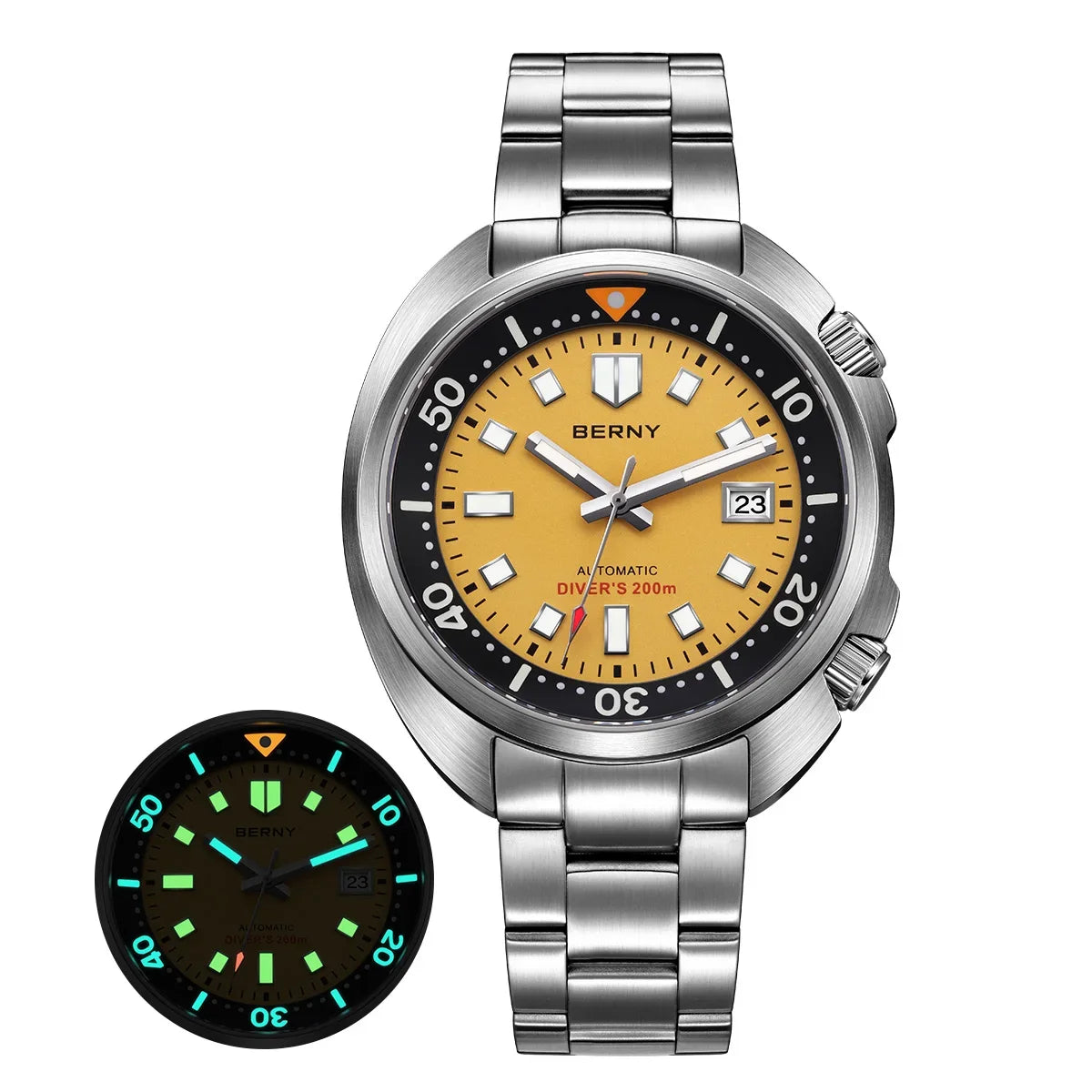 BERNY Automatic Dual Crown Diver Watch For Men Super Luminous Miyota 8215 Sapphire Swim Sport 20ATM Mechanical Men's Dive Watch