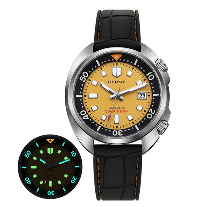 BERNY Automatic Dual Crown Diver Watch For Men Super Luminous Miyota 8215 Sapphire Swim Sport 20ATM Mechanical Men's Dive Watch