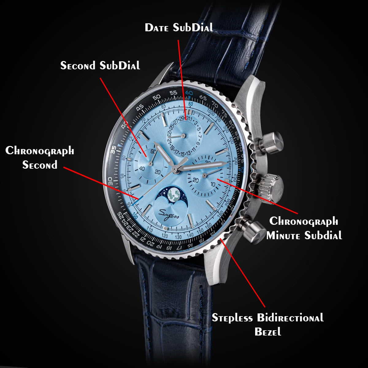 Sugess Chronograph Watch of Man ST1908 Swanneck Movement Mechanical Moonphase Wristwatches Waterproof Calendar Vintage New S468