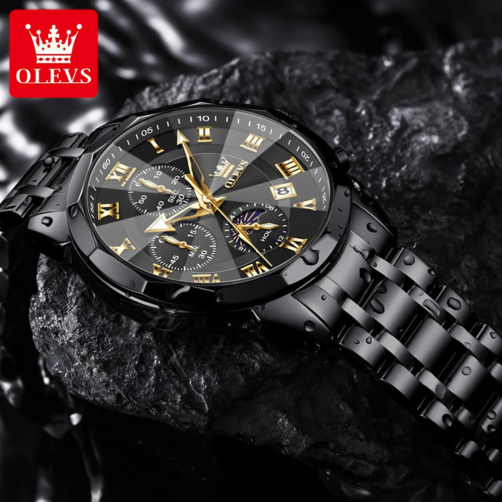 OLEVS 3675 Mens Watch Original Multifunctional Chronograph Quartz Watch Moon Phase Watches For Men Waterproof Mens Gifts Reloj