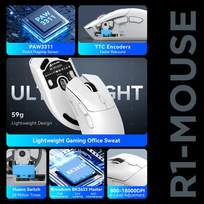 ATTACK SHARK R1 Tri-mode Gaming Mouse, PixArt PAW3311 Sensor, 18000 DPI, 1000Hz, 59g Ultralight for Big Hand, for PC/Mac
