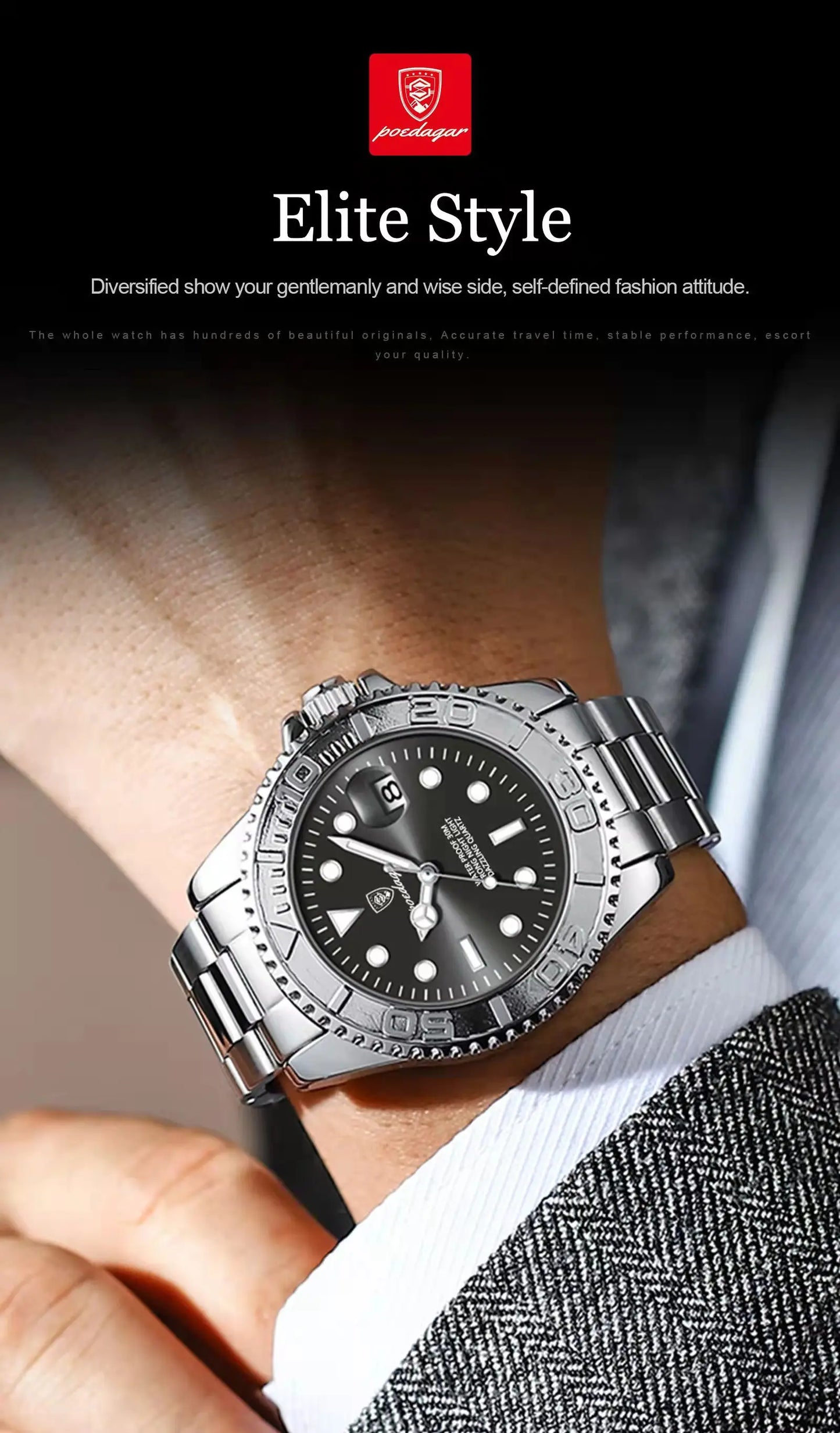 POEDAGAR Luxury Men's Watch Stainless Steel Date Quartz Fashion Watches For Man Waterproof Luminous Business Male Watch+Box Gift