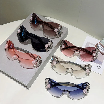 Ochelari de soare KAMMPT fără ramă Y2k cu strasuri, pentru femei, monobloc, pentru activități în aer liber, cu design la modă și lentile cu gradient