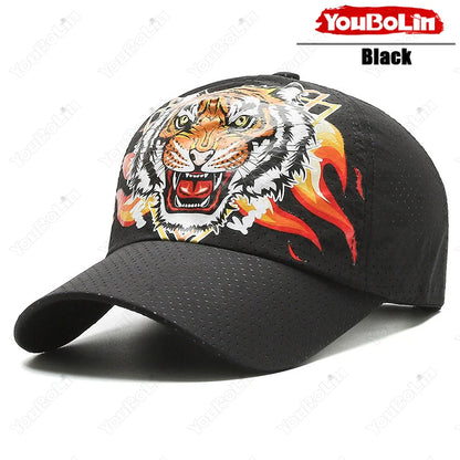 Outdoor Tiger Face Baseball Cap, Summer Quick-Dry Fabric, Mesh & Perforated Design, Ethnic Print Sun Protection Hat