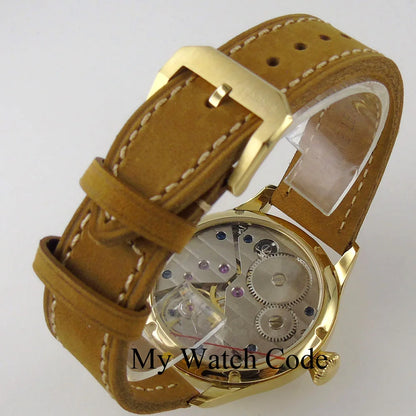 Vintage PARNIS Mechanical Hand Winding Watch Men Gold 44mm Steel Wristwatch Sport 17 Jewels 6497 Movtt Khaki Band Glass Back