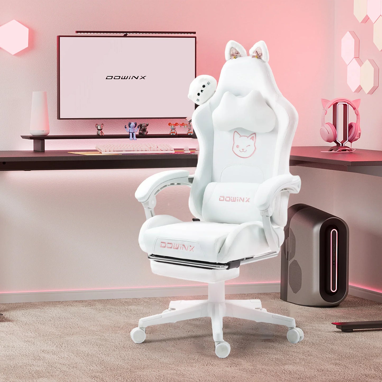 Söt gamingstol med kattöron och fotstöd – rosa kawaii-datorstol, ergonomisk gamer-stol med hög rygg och svankstöd med kattassmotiv
