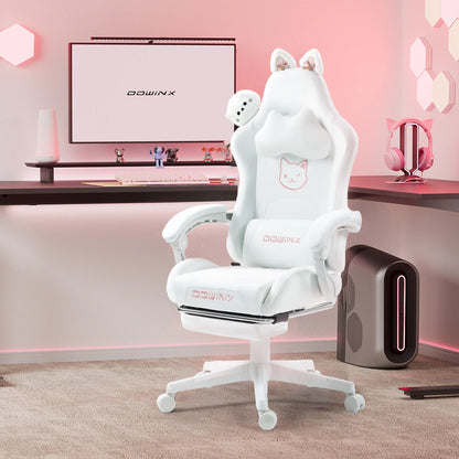 Söt gamingstol med kattöron och fotstöd – rosa kawaii-datorstol, ergonomisk gamer-stol med hög rygg och svankstöd med kattassmotiv