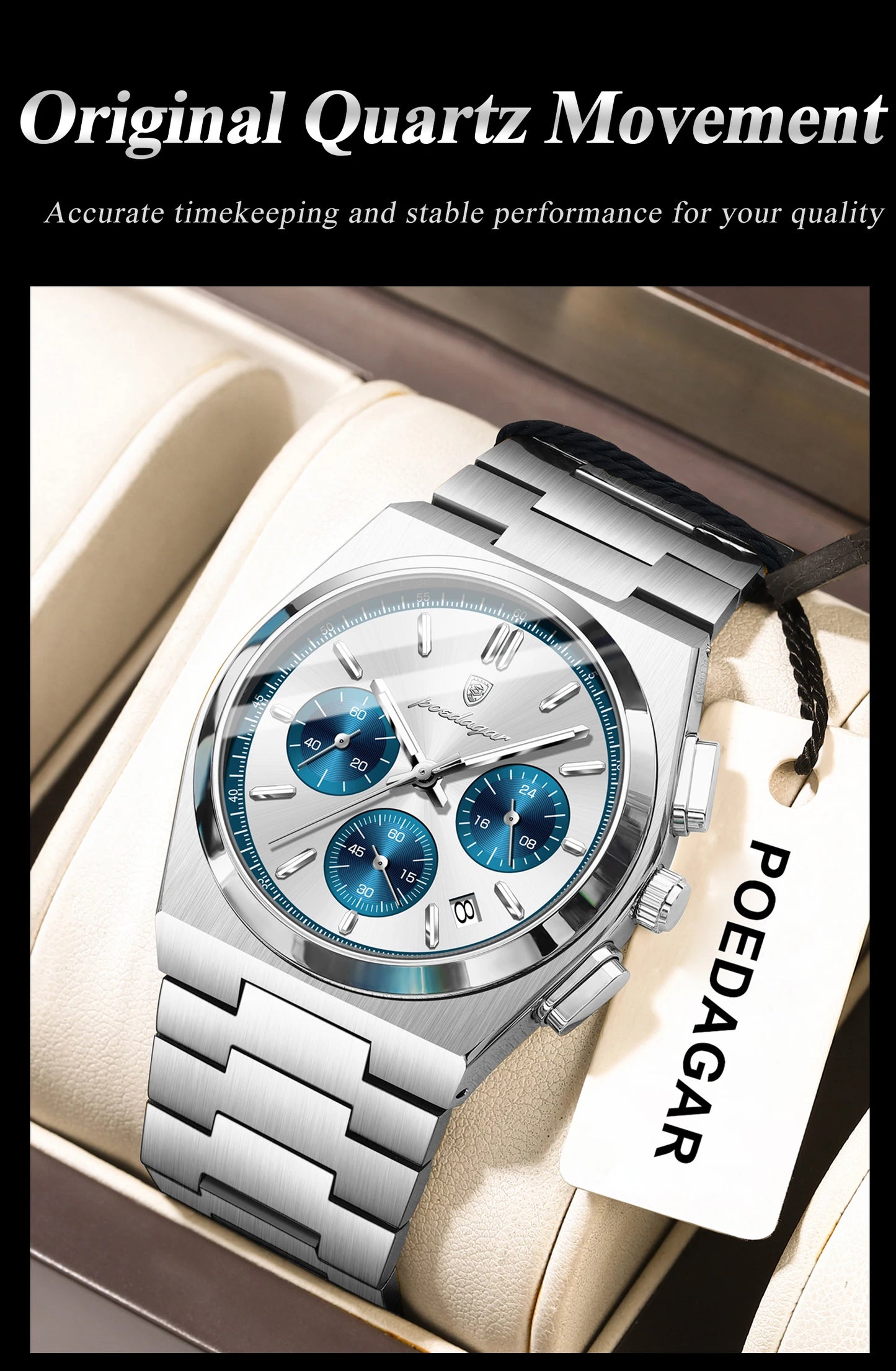 POEDAGAR Fashion Men's Wristwatch Chronograph Date Stainless Steel Quartz Man Clock Waterproof Luminous Business Watches For Men