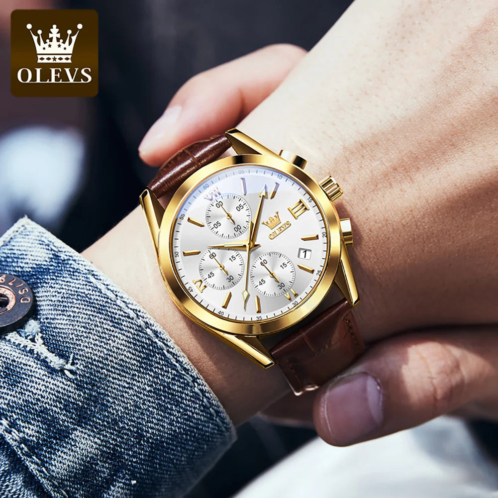 Relógio de pulso cronógrafo para homem OLEVS 2872 – Pulseira em pele, resistente à água, ponteiros luminescentes, movimento de quartzo, estilo desportivo de luxo