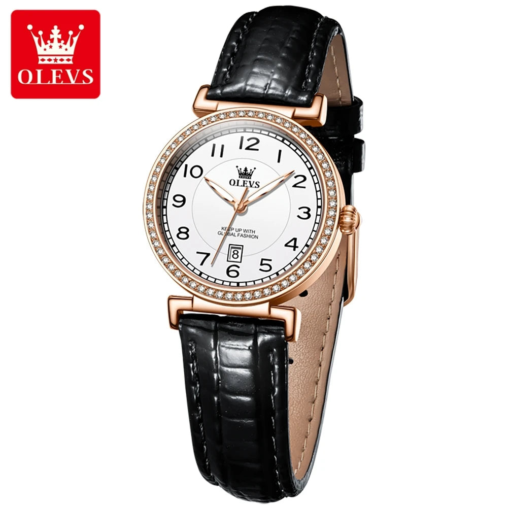 OLEVS 2025 New Fashion Womens Watches Top Brand Luxury Leather Strap Waterproof Calendar Diamond  Quartz Watch Relogio Feminino
