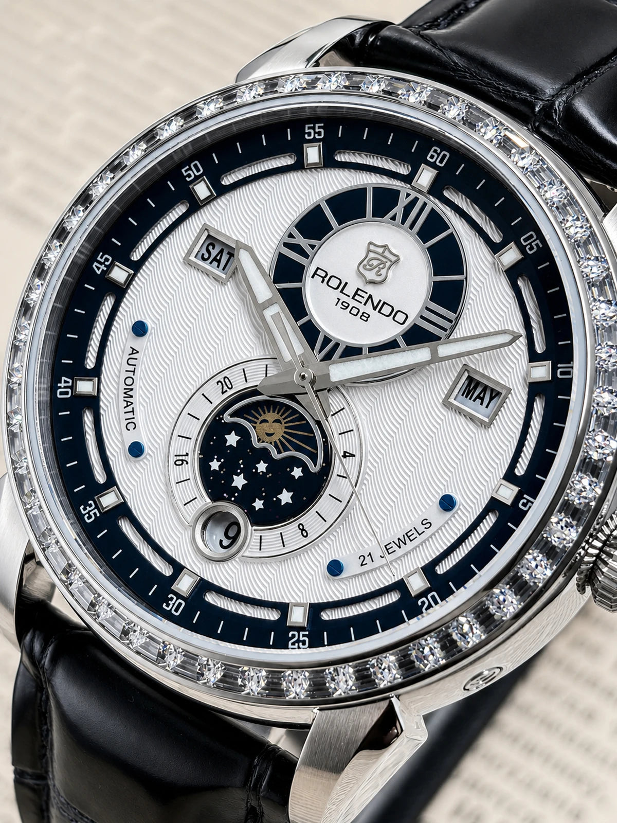 ROLENDO 1908 Men Automatic Mechanical Watch Diamond Luminous Leather Strap Waterproof Business Luxury Wristwatch For Male Gift