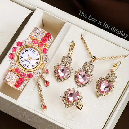 5PCS Luxury Rhinestone Women Watches Jewelry Set Fashion Adjustable Bangle Ladies Quartz Wristwatch Reloj Mujer（Without Box）