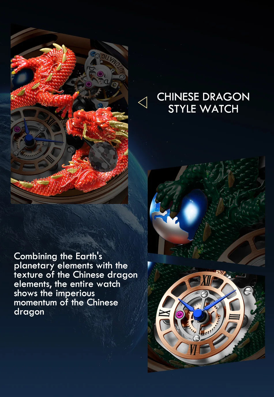 PINDU Fashion Roman Numeral Display Mineral Tempered Glass Material Quartz Movement 3ATM Waterproof Celestial Dragon Men's Watch